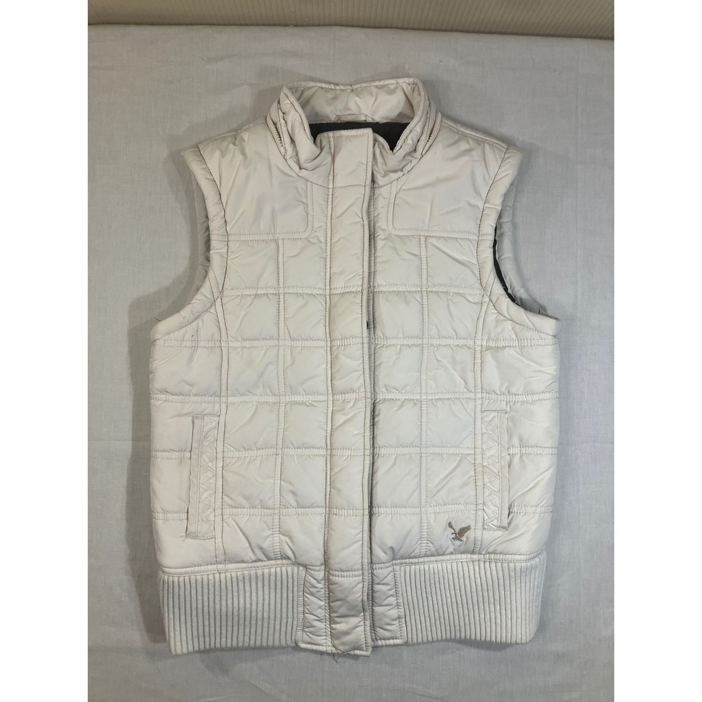 American‎ Eagle Off White Quilted Puffer Vest Womens Medium Zip Up Ribbed Hem